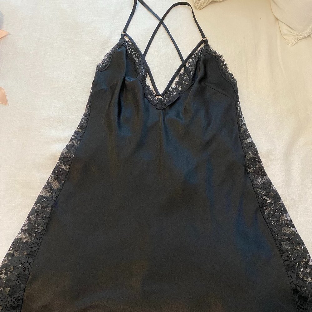 Victoria's Secret - Black Satin and Lace Slip / Nightie - Size Large